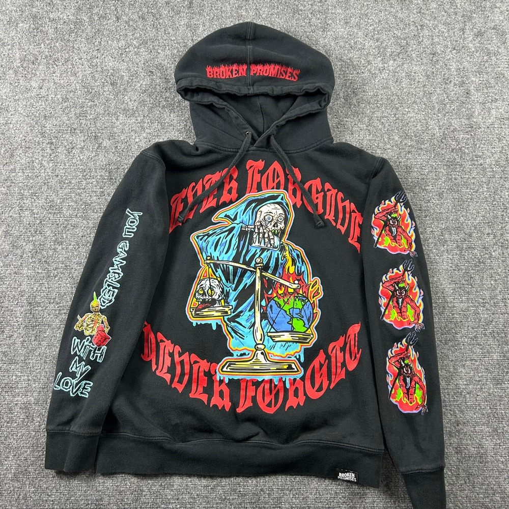 Broken Promises Hoodie Mens Small Black Never Forgive Graphic Streetwear Emo‎